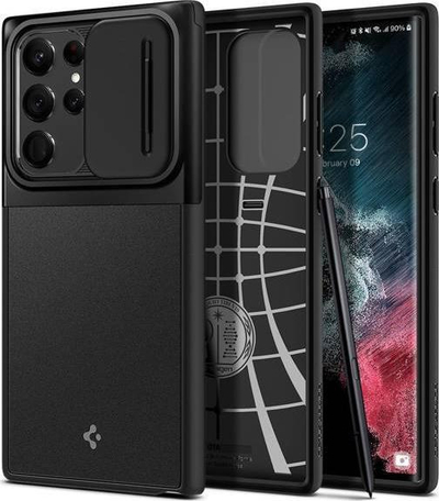 Mbulesë telefoni Spigen Optik Armor Samsung Galaxy S22 Ultra, TPU, kapak kamere rrëshqitës, e zezë