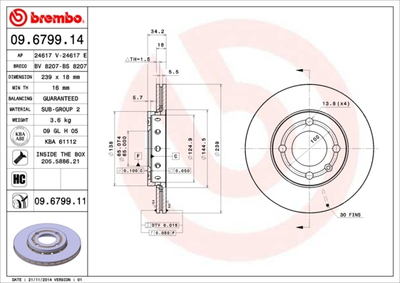 Disk frenash Brembo 09.6799.11, i ventilum, 239 x 18 mm, gri