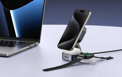 Stacion karikimi Ugreen 2 in 1 Qi2 Magnetic Foldable, me valë, i palosshëm, i zi