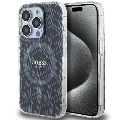 Kuti mbrojtëse Guess IML GCube MagSafe për iPhone 15 Pro Max 6.7", e tejdukshme, e zezë