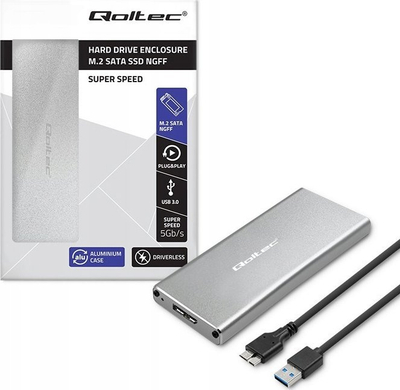 Kuti ekstern Qoltec për SSD M.2 SATA NGFF, USB 3.0, deri 2TB, ngjyrë argjendi