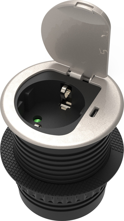 Prizë mobiljeje me USB, 1x Schuko, USB Type C PD 20W, kabllo 1.9m, argjendi
