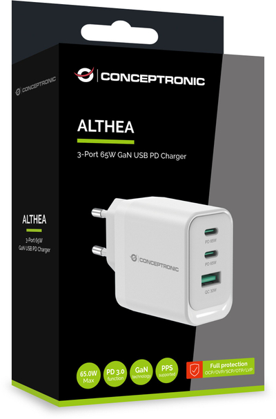 Универзален полнач Conceptronic ALTHEA21W65, 21W, Quick Charge, бел