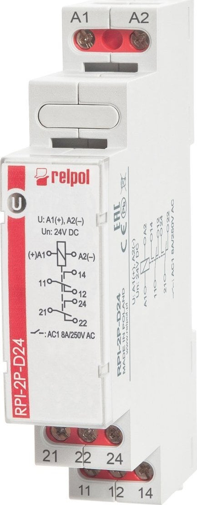 Rele elektromagnetike Relpol RPI-2P-D24, 2P 8A, 24V DC, gri