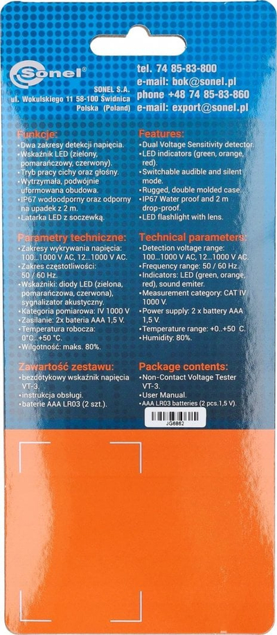 Tregues tensioni AC Sonel VT-3 WMPLVT3, jo-kontakt, IP67, portokalli