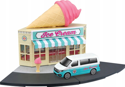 Set lodrash Bburago Street Fire Ice Cream Shop, shkalla 1:43, me makinë VW Transporter, shumëngjyrësh