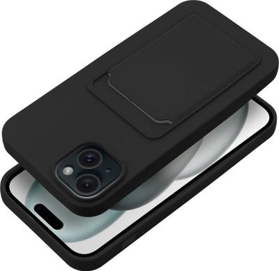 Mbështjellës silikoni Forcell Card Case për iPhone 15 Plus, xhep për kartë, i zi