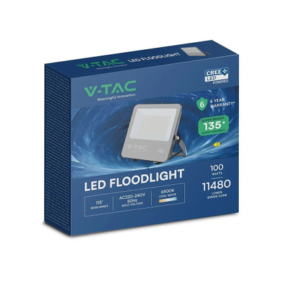Reflektor LED V TAC 100W, 6500K, 135lm/W, trup i zi me xham gri