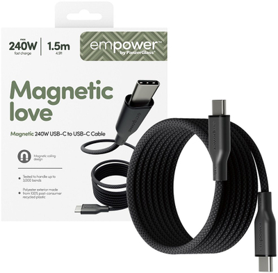 Кабел за полнење PanzerGlass Empower by Magnetic, USB C во USB C, 240W, 1.5m, црна боја