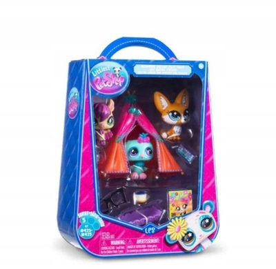 Set lodrash Littlest Pet Shop Slumber Squad Play Pack, 3 figurina, me çadër dhe gjojna, shumëngjyrësh