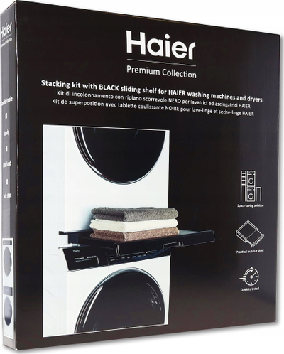 Komplet shtresues lavatriçe–tharëse Haier HASTKU10B, me raft që del me rrëshqitje, Premium Collection, i zi