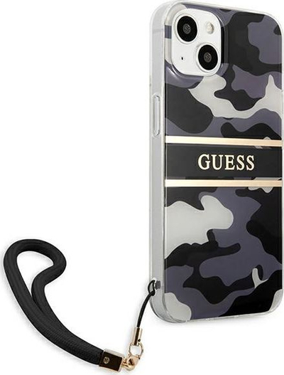 Mbulesë telefoni Guess Camo Strap për iPhone 13 Mini 5.4", me rrip dore, kamuflazh e zezë