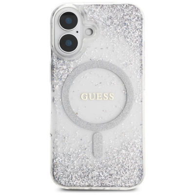 Mbulesë telefoni Guess HC Resin Bottom Glitter MagSafe për iPhone 16 6.1", transparente, argjendtë