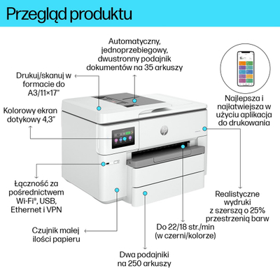 Printer multifunksion HP OfficeJet Pro 9730e, A3, me ngjyra, i bardhë