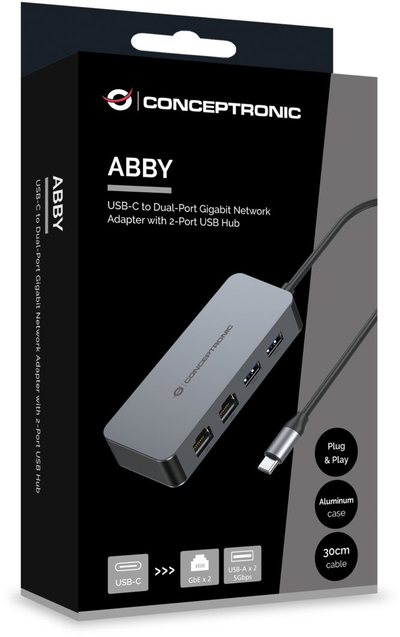 Adapteri Conceptronic ABBY24G USB-C, 2x Gigabit Ethernet, 2x USB-A 3.2, i hirtë