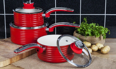 Set tenxheresh Swan Retro SWPS3020RN, 6 copë, me veshje qeramike jo ngjitëse, rozë