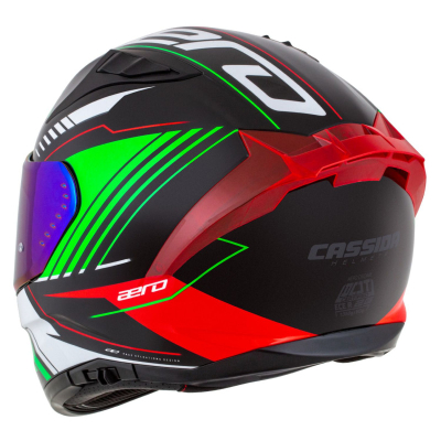 Helmetë moto Cassida Aero DROM, integrale, vizor dielli, e zezë pearl e kuqe jeshile e bardhë