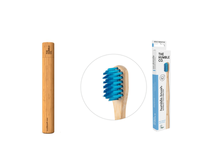Set nga The Humble Co. - Kuti për brushë 100% bambu, për të rritur + Brushë me fije shumë të buta (sensitive) bambu, të kaltra, për të rritur