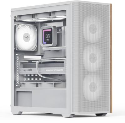 Куќиште за компјутер Aerocool D501A G WT V2, MIDI ATX, со дрвен финиш, бело