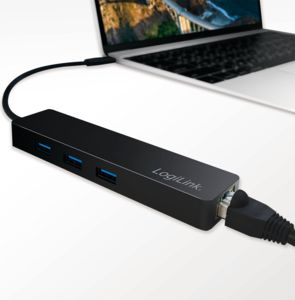 Хаб USB C LogiLink UA0313, 3x USB 3.2, RJ45, црн