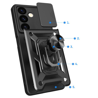 Futrollë Hybrid Armor Camshield për Samsung Galaxy S24 Plus, me kapak kamere, me unazë mbajtëse, e zezë