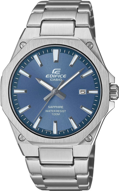Orë burrash Casio Edifice EFR-S108D-2AVUEF, xham safiri, rezistente ndaj ujit 100m, argjendt me fushë të kaltër