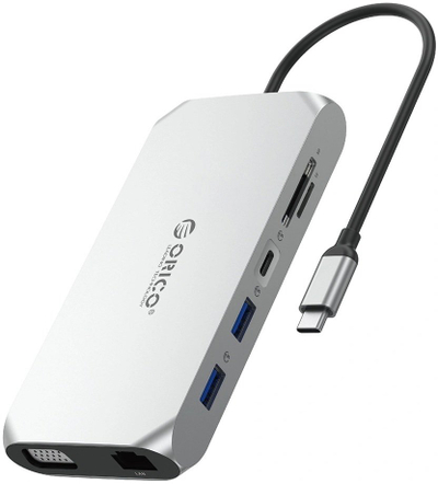 Stacioni Orico XCR 12në1 USB-C, HDMI 4K, VGA, Gigabit Ethernet, PD 100W, i argjendtë