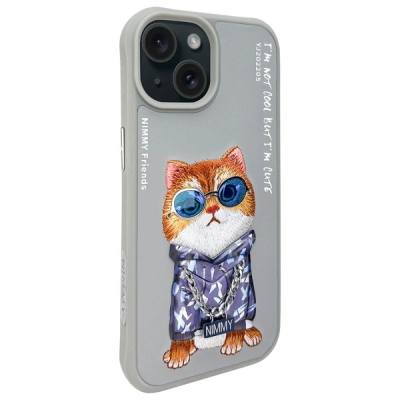 Kllëf telefoni Nimmy Glasses Cool Cat për iPhone 15 6.1", i fortë ndaj goditjeve, gri