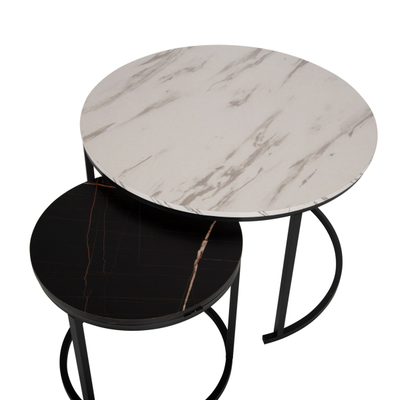 Tavolinë për kafe 2-pjesësh MDF marble mix & këmbë të zeza Φ80–48 cm (HM8763.14), zezë