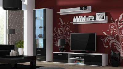 Komodinë TV Cama Meble Soho 180, me shkëlqim, e bardhë e zezë