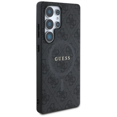 Kuti mbrojtëse Guess 4G Ring Classic Logo për Samsung Galaxy S25 Ultra, lëkurë, MagSafe, e zezë