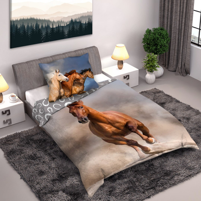 Set çarçafësh Bed Linen Horses, 140x200cm, pambuk, gri