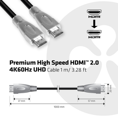 Кабел HDMI Club3D Premium High Speed 2.0, 1 m, 4K 60Hz, црн