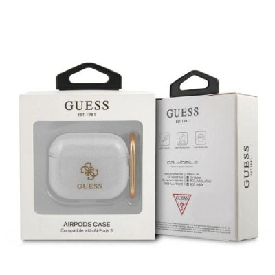 Mbulesë kufjesh Guess Glitter Collection për AirPods 3, TPU, me karabinë, e bardhë me shkëlqim