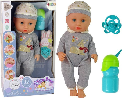 Kukull bebe LeanToys Baby Doll, me zë, me biberon, me pizhama gri
