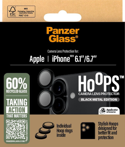 Mbrojtës kamere PanzerGlass Hoops, për iPhone 16 dhe 16 Plus, i zi