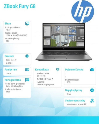 Laptop HP ZBook Fury 15 G8 (314K5EA), 15.6", Full HD, Intel Core i9-11950H, 32GB RAM, NVIDIA Quadro RTX A3000, 1TB, Windows 10 Pro, i hirtë