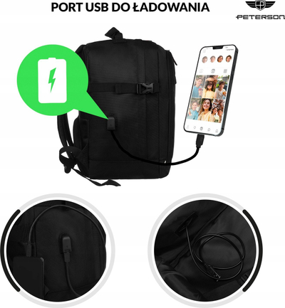 Çantë shpine Peterson Large Travel, 24L, 40x30x20cm, me port USB, e zezë