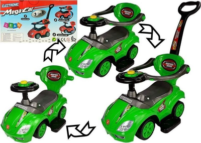 Makine lodër për kalamaj Lean Sport Ride On Mega Car 3n1, me timon me fishkëllim, sedilje me vend për rrobat a lodrat, e gjelbër