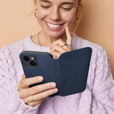 Këllëf portofol Dual Pocket për iPhone 14 Plus, me xhepa për karta, blu navy