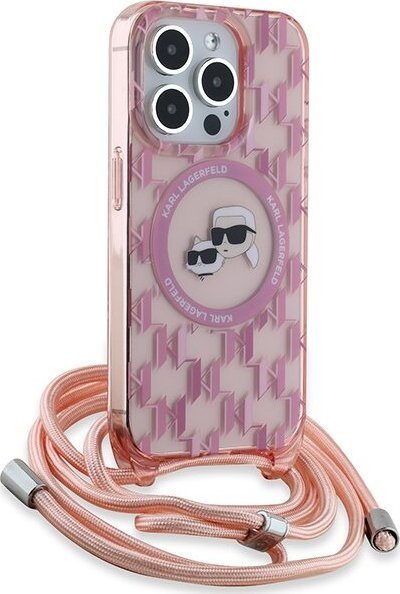 Mbulesë telefoni Karl Lagerfeld Karl &amp; Choupette Crossbody për iPhone 15 Pro, me rrip, rozë