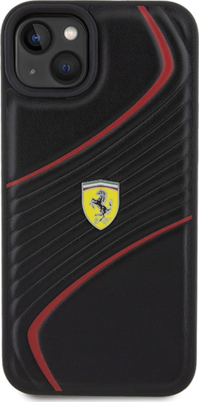 Mbulesë telefoni Ferrari Twist Metal Logo për iPhone 15 Plus, lëkurë ekologjike, skaje të ngritura, e zezë