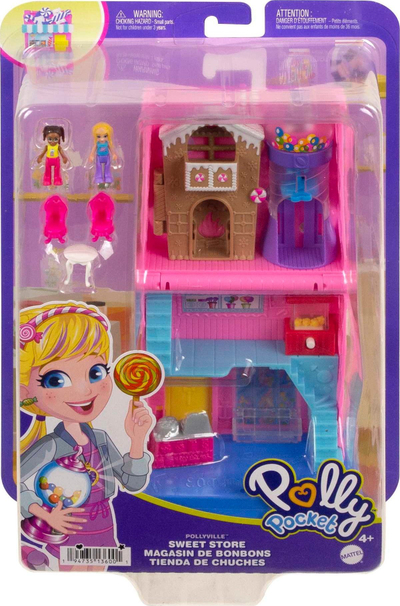 Set loje Polly Pocket Pollyville Sweet Store, 2 kukulla, aksesorë, shumëngjyrësh