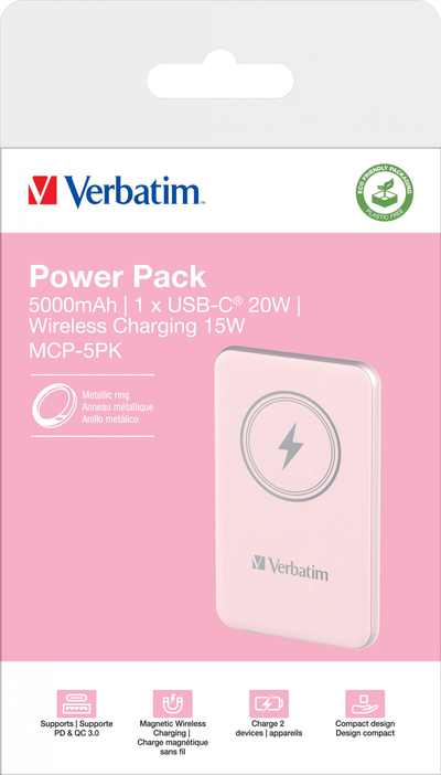 Power bank Verbatim Charge n Go Magnetic Wireless, 5000mAh, karikim me valë, rozë