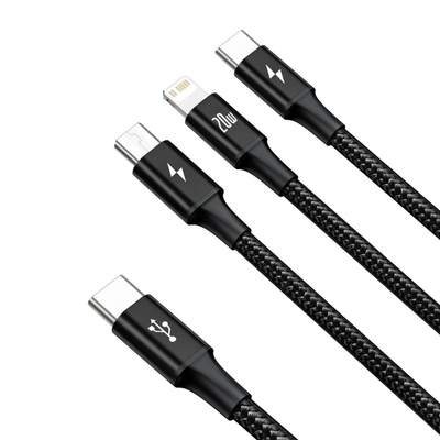 Kabllo karikimi Baseus CAMLT-SC01 3in1, USB-C në USB-C microUSB Lightning, 1.5m, 20W, e zezë