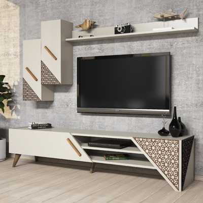 Set mobilerie muri Farfan, për TV deri 70", krem, me rafte dhe dollapë