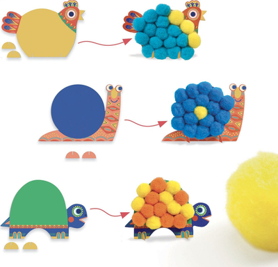 Set krijues Djeco Soft Animals, kollazh me pompome, 3 figura, shumëngjyrësh