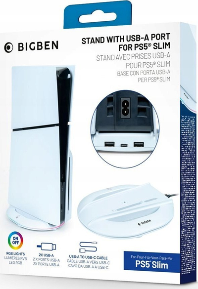 Вертикална база BigBen за PS5 Slim, со 4 USB порти, RGB, бела