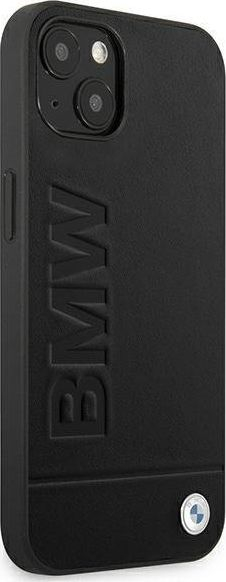 Futrollë BMW Leather Case për iPhone 13, lëkurë, logogram metalik, e zezë