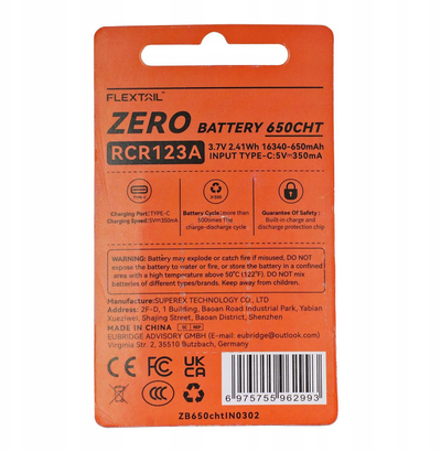 Bateri rikarikueshme Flextail 650CHT, RCR123A Li ion, 650mAh
